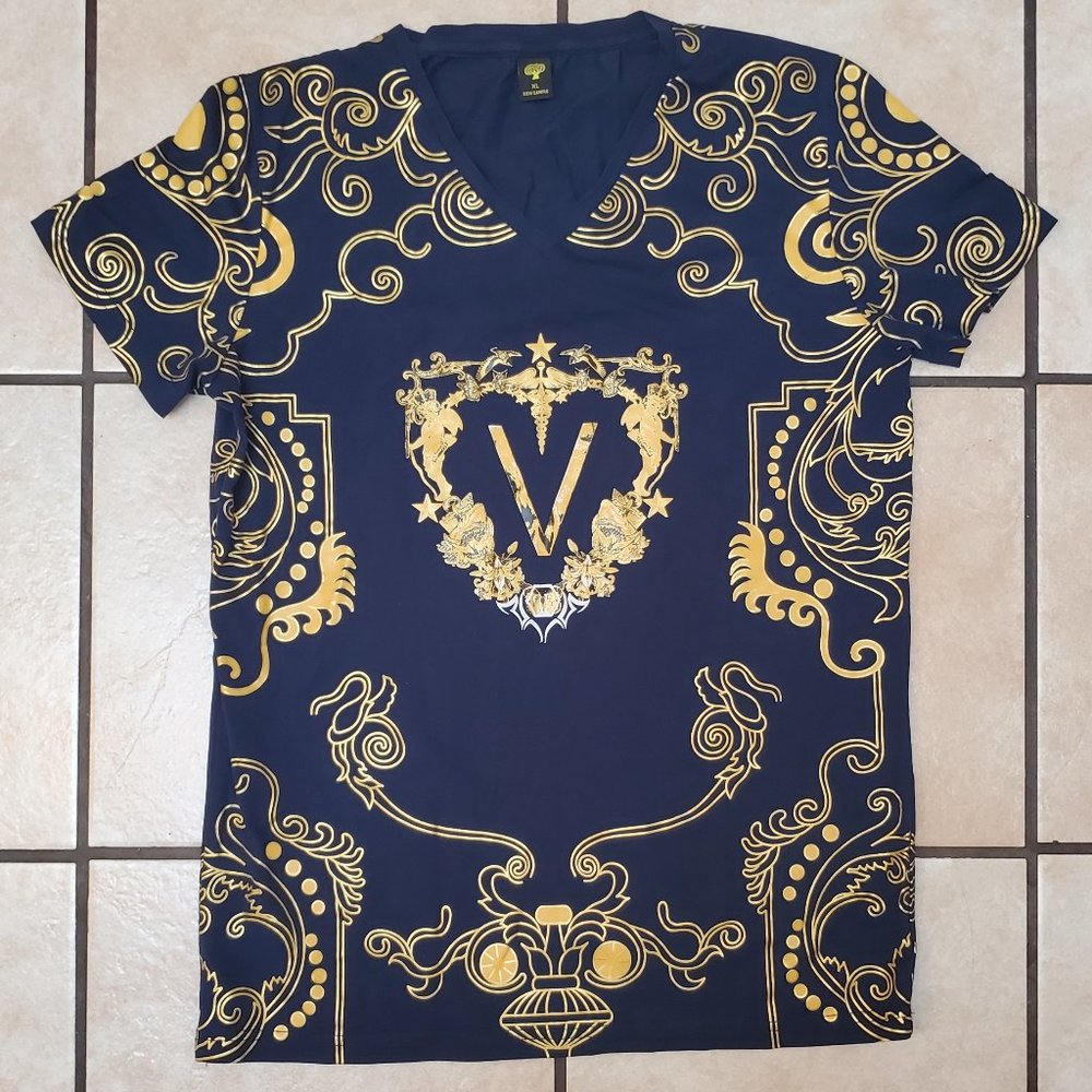 Hip Hop Cadeucus Blue Gold Night Club Short Sleeve Cherub Tee Angel T Shirt
